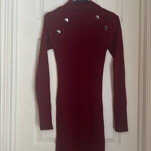 Burgundy Ribbed Sweater Dress with Button Accents